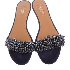 Aquazzura Monaco Navy Beaded Flat Slide Sandals 38